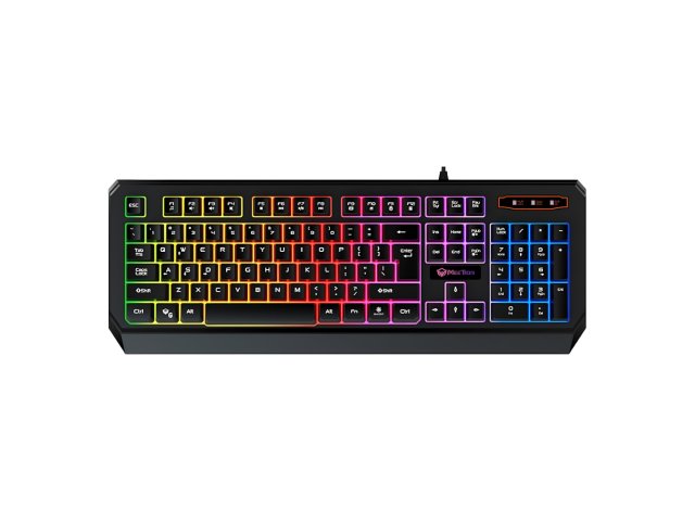 Combo de teclado, ratón gamer y mouse pad. El teclado K9320 cuenta con retroiluminación en colores arco iris y un diseño ergonómico. El ratón C011 tiene retroiluminación RGB y una resolución ajustable de 6400 DPI. Ambos ofrecen comodidad y precisión, idea