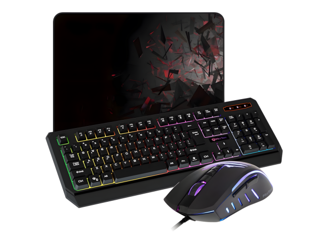 Combo de teclado, ratón gamer y mouse pad. El teclado K9320 cuenta con retroiluminación en colores arco iris y un diseño ergonómico. El ratón C011 tiene retroiluminación RGB y una resolución ajustable de 6400 DPI. Ambos ofrecen comodidad y precisión, idea