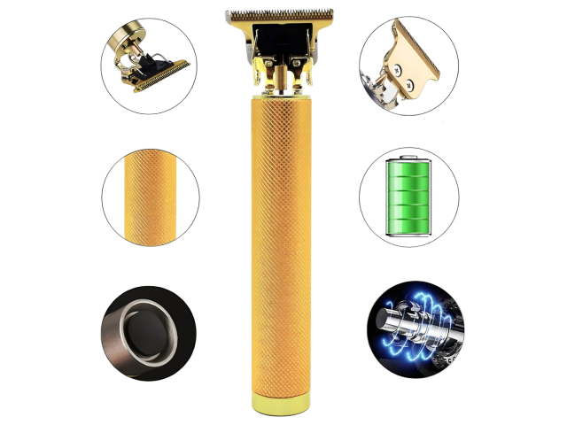 El trimmer Vintage T9 es un dispositivo de afeitado inalámbrico y ligero, diseñado en color dorado. Cuenta con cuatro cabezales planos, batería recargable y es resistente al agua. Ideal para barba, bigote y patillas, ofrece cortes precisos y un rendimient