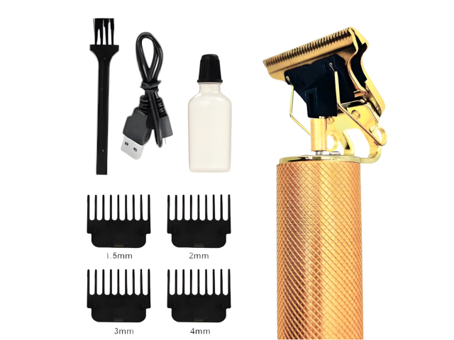 El trimmer Vintage T9 es un dispositivo de afeitado inalámbrico y ligero, diseñado en color dorado. Cuenta con cuatro cabezales planos, batería recargable y es resistente al agua. Ideal para barba, bigote y patillas, ofrece cortes precisos y un rendimient