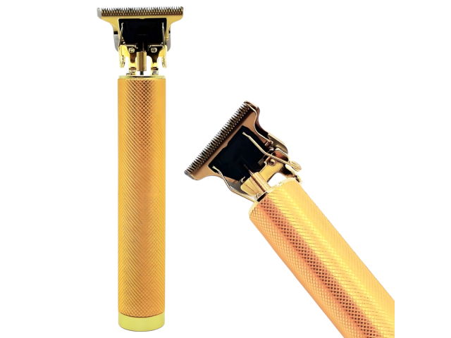 El trimmer Vintage T9 es un dispositivo de afeitado inalámbrico y ligero, diseñado en color dorado. Cuenta con cuatro cabezales planos, batería recargable y es resistente al agua. Ideal para barba, bigote y patillas, ofrece cortes precisos y un rendimient