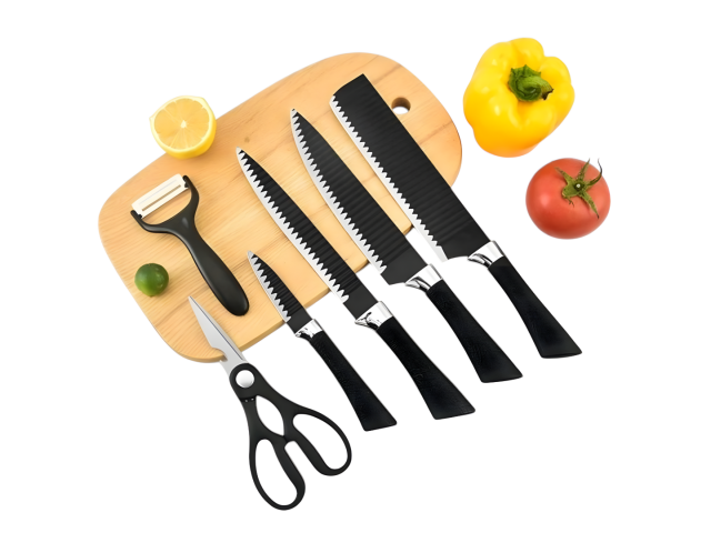 Juego de cuchillos de cocina de acero inoxidable 4CR13 con recubrimiento negro. Incluye seis piezas con mango ergonómico para un agarre cómodo. Ideal para preparar alimentos, este set es duradero y sostenible, perfecto para cocineros caseros que buscan ca