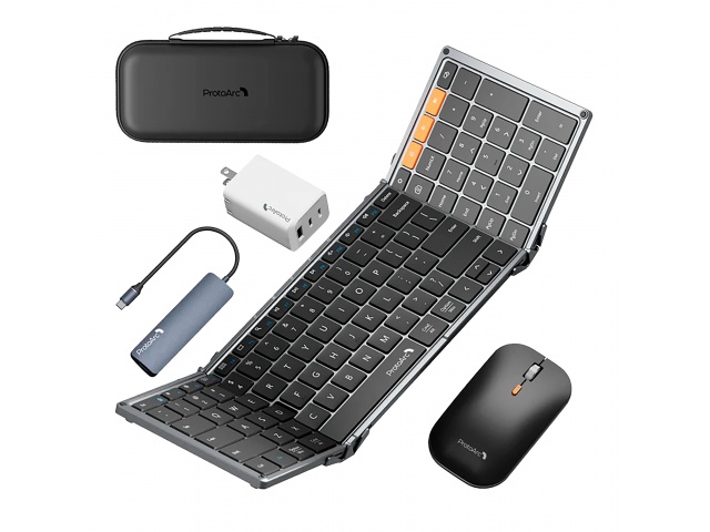 El Combo Mouse y Teclado Bluetooth ProtoArc XKM01-LX en negro es ideal para quienes buscan funcionalidad y estilo. Con hub y cargador incluidos, ¡disfruta de una experiencia de trabajo fluida y eficiente!  