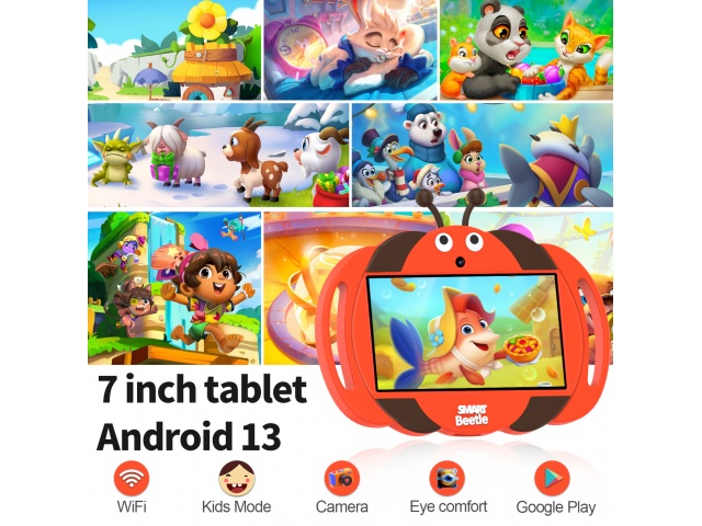 vPresentamos la Tablet Pritom K7 Kids, diseñada especialmente para niños. Con pantalla de 7'', 2GB de RAM y 32GB de almacenamiento, brinda una experiencia educativa y entretenida. Su color naranja brillante y cámaras de 2MP y 0,3MP hacen que cada aventura