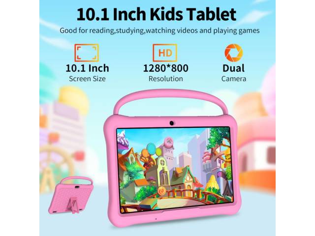 La Tablet Vasoun M10 Kids de 10,1'' es la opción ideal para los pequeños exploradores. Con Android 13, 2GB de RAM y 64GB de almacenamiento, garantiza horas de entretenimiento. Su diseño en rosado y características amigables hacen que aprender sea divertid