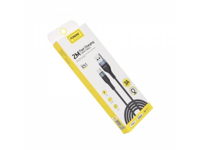 El Cable Tipo-C X51 BK de Foneng es perfecto para quienes buscan eficiencia y estilo. Con una capacidad de carga de 3A y una longitud de 1MT, este cable trenzado garantiza una transferencia de datos rápida y segura. Su acabado en negro le da un toque mode