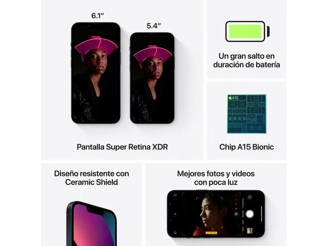 "Descubre el iPhone 13 de 6,1'' 5G. Con 4 GB de RAM y 256 GB de almacenamiento, captura momentos increíbles con su cámara dual de 12 MP. ¡Consíguelo ya!"  