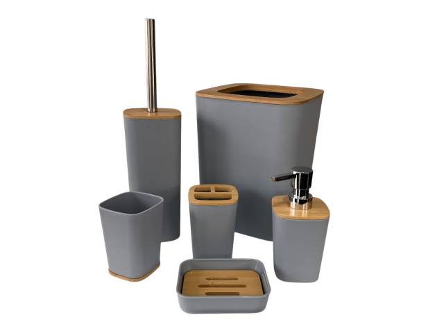 "Descubre el set de baño de 6 piezas en gris, mezcla perfecta de bambú y plástico. Ideal para un estilo moderno y práctico. ¡Hazlo tuyo y organiza con estilo!" 