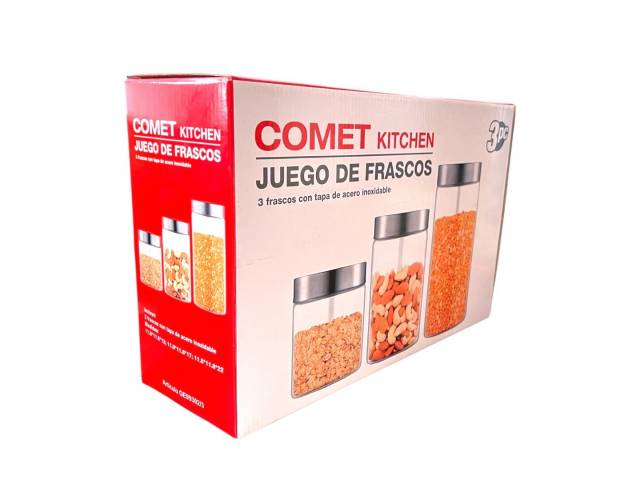 Organiza tu cocina con este set de 3 frascos de vidrio de 1.75L. Tapa de acero hermética que mantiene tus alimentos frescos. ¡Perfectos para almacenar y decorar!