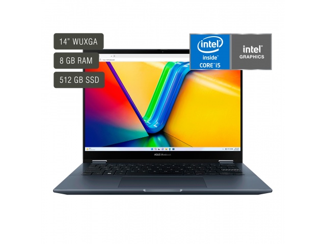 Eleva tu productividad con la Notebook Asus Vivobook. Pantalla táctil de 14'', Core i5, 8GB de RAM y 512GB de almacenamiento. ¡Consíguela en vibrante azul y sorpréndete!