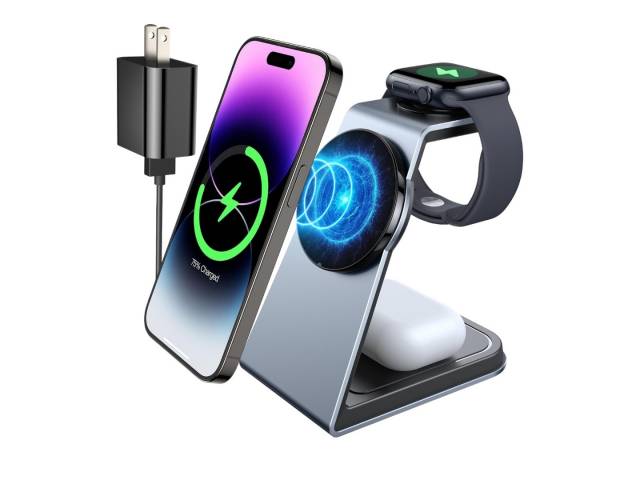 Carga tus dispositivos en un solo lugar! El cargador inalámbrico 3 en 1 VIDVIE WLC1414 te permite cargar tu smartphone, reloj inteligente y auriculares de forma simultánea y sin cables. 