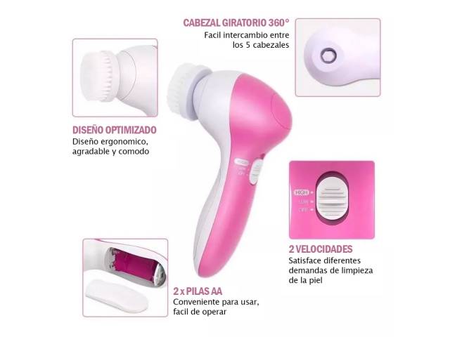 Disfruta de una limpieza profunda y exfoliación suave. Este cepillo facial 5 en 1 combina cerdas suaves y potentes vibraciones para eliminar la suciedad, el maquillaje y las células muertas de la piel, dejando tu rostro limpio, fresco y luminoso.