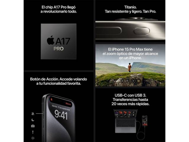 El nuevo iPhone 15 Pro redefine la potencia con su chip A17 Bionic y una pantalla Super Retina XDR de 6.1 pulgadas. Captura fotografías increíbles con el sistema de triple cámara trasera, con un lente principal de 48 megapíxeles. Disfruta de conectividad 