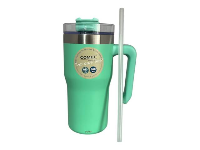 Disfruta de tus bebidas favoritas a la temperatura perfecta con el Vaso Térmico Comet de 600ml en color coral. Su doble pared de acero inoxidable mantiene tus bebidas frías y calientes por 12hs 