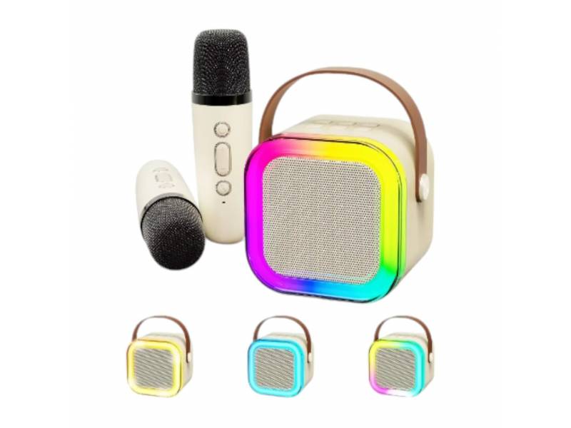 Parlante Bluetooth Karaoke Con 2  Micrfonos K12  Luces Led RGB- beige