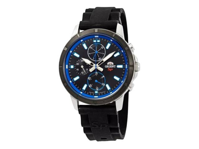 Descubre el Reloj Orient para hombre: correa de caucho negro y azul, función de fecha, resistente al agua hasta 50 metros. Elegancia y funcionalidad en un solo reloj