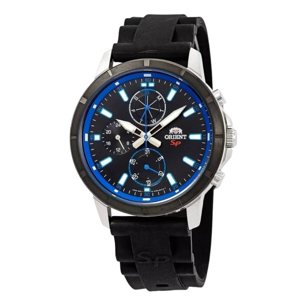 Descubre el Reloj Orient para hombre: correa de caucho negro y azul, función de fecha, resistente al agua hasta 50 metros. Elegancia y funcionalidad en un solo reloj