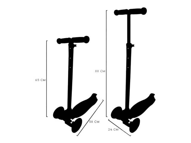 Descubre el scooter perfecto para tus aventuras diarias!. Con un largo total de 55 cm y altura ajustable de 77 a 87 cm, este scooter se adapta a cualquier usuario. Su manubrio ajustable, freno trasero y luces LED.